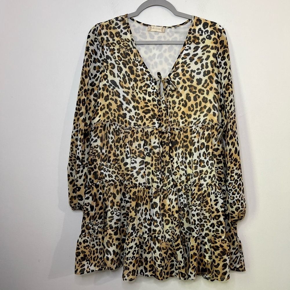 NWT Altar'd State Leopard Print Long Sleeve Flowy Tiered Mini Dress Size S
